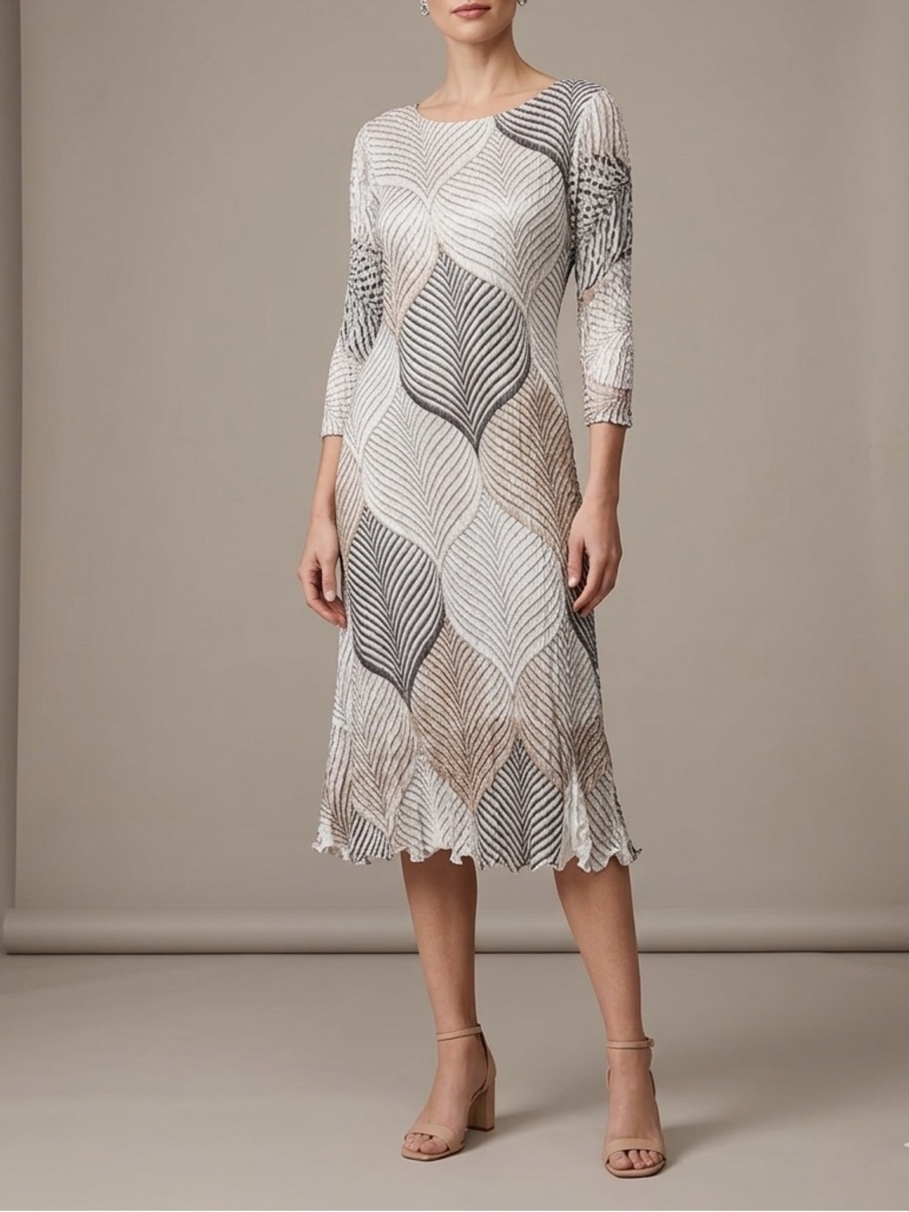 Komarov Pleated Charmeuse Midi Dress Bronze Ivory Black Paisley Print Size M Fit